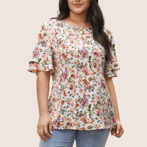 BloomChic Floral Print Tiered Flutter Sleeve Blouse - Picture 1 of 8